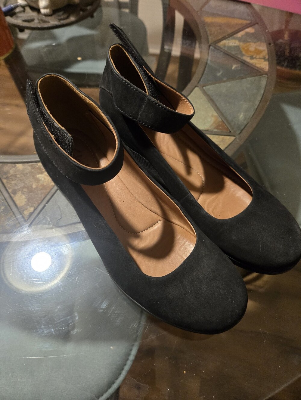 Women's CLARKS Clarene Tide Black Suede Ankle Strap Mary Jane Wedges Shoes 7.5
